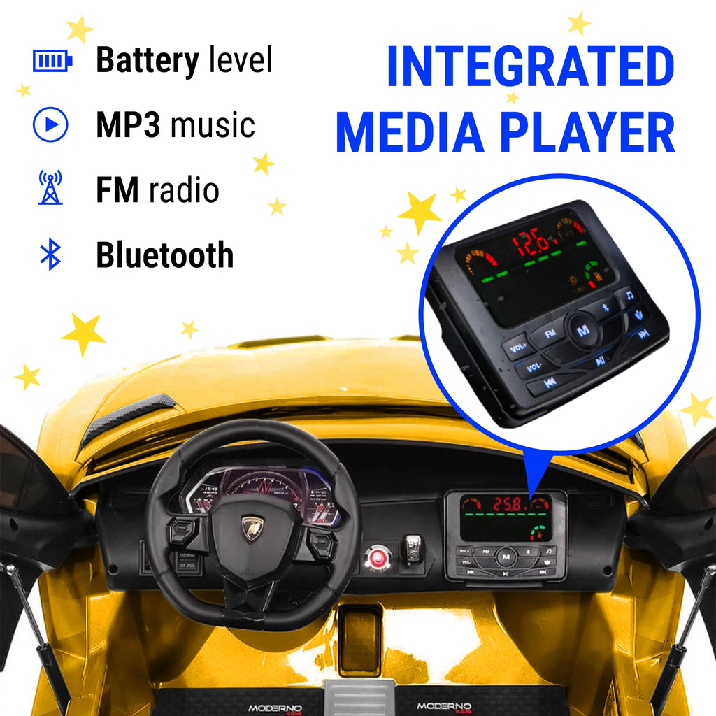 24V Lamborghini Aventador W/ Swappable Battery - Electric Car for Kids with 3 Speeds, Leather Seat, Remote, MP3 Music by Bluetooth, FM Radio, Rubber Tires (Yellow)