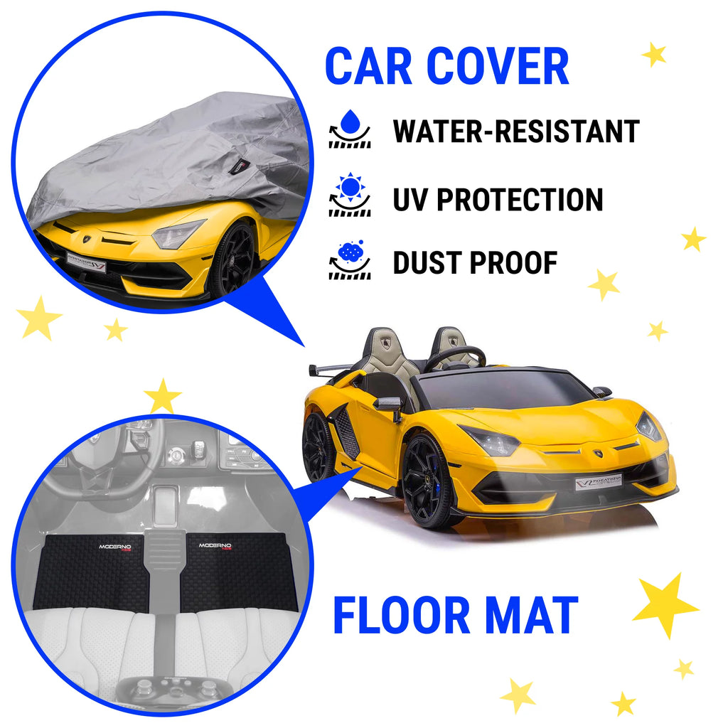24V Lamborghini Aventador W/ Swappable Battery - Electric Car for Kids with 3 Speeds, Leather Seat, Remote, MP3 Music by Bluetooth, FM Radio, Rubber Tires (Yellow)