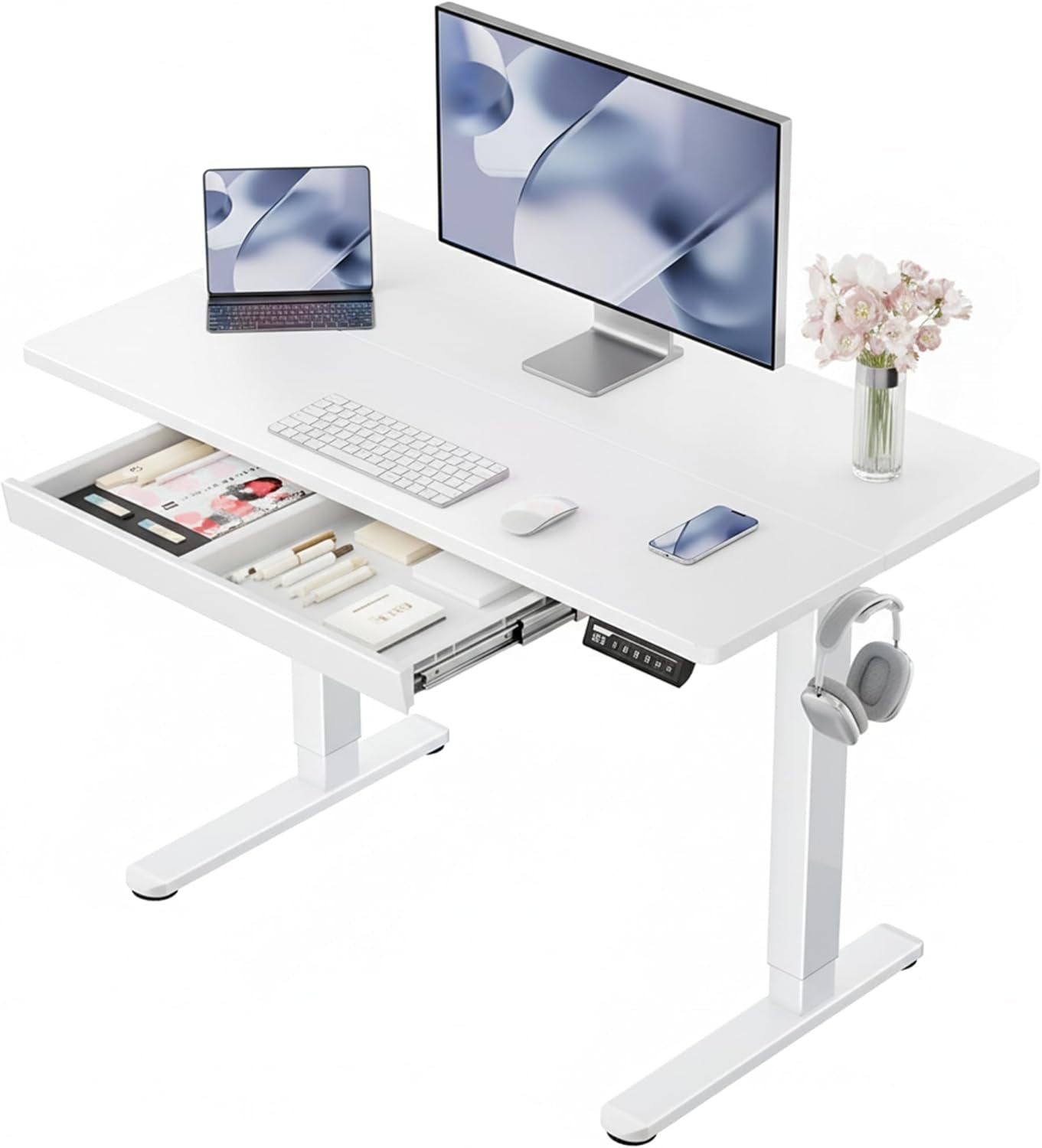 44 Inch Electric Standing Desk with Drawers, Adjustable Height with Storgear, 4 Memory Height Settings, Sit Stand up Desk for Home Office & Computer Workstation, White