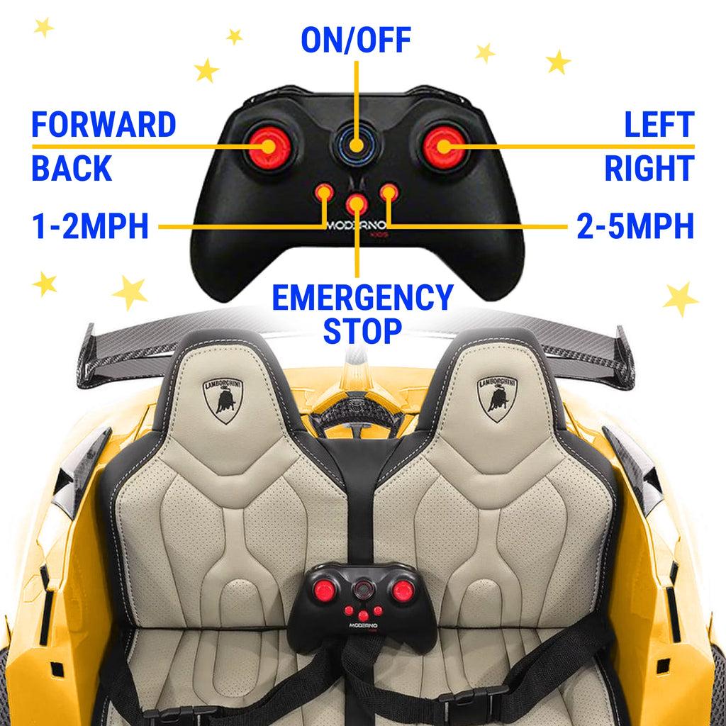 24V Lamborghini Aventador W/ Swappable Battery - Electric Car for Kids with 3 Speeds, Leather Seat, Remote, MP3 Music by Bluetooth, FM Radio, Rubber Tires (Yellow)