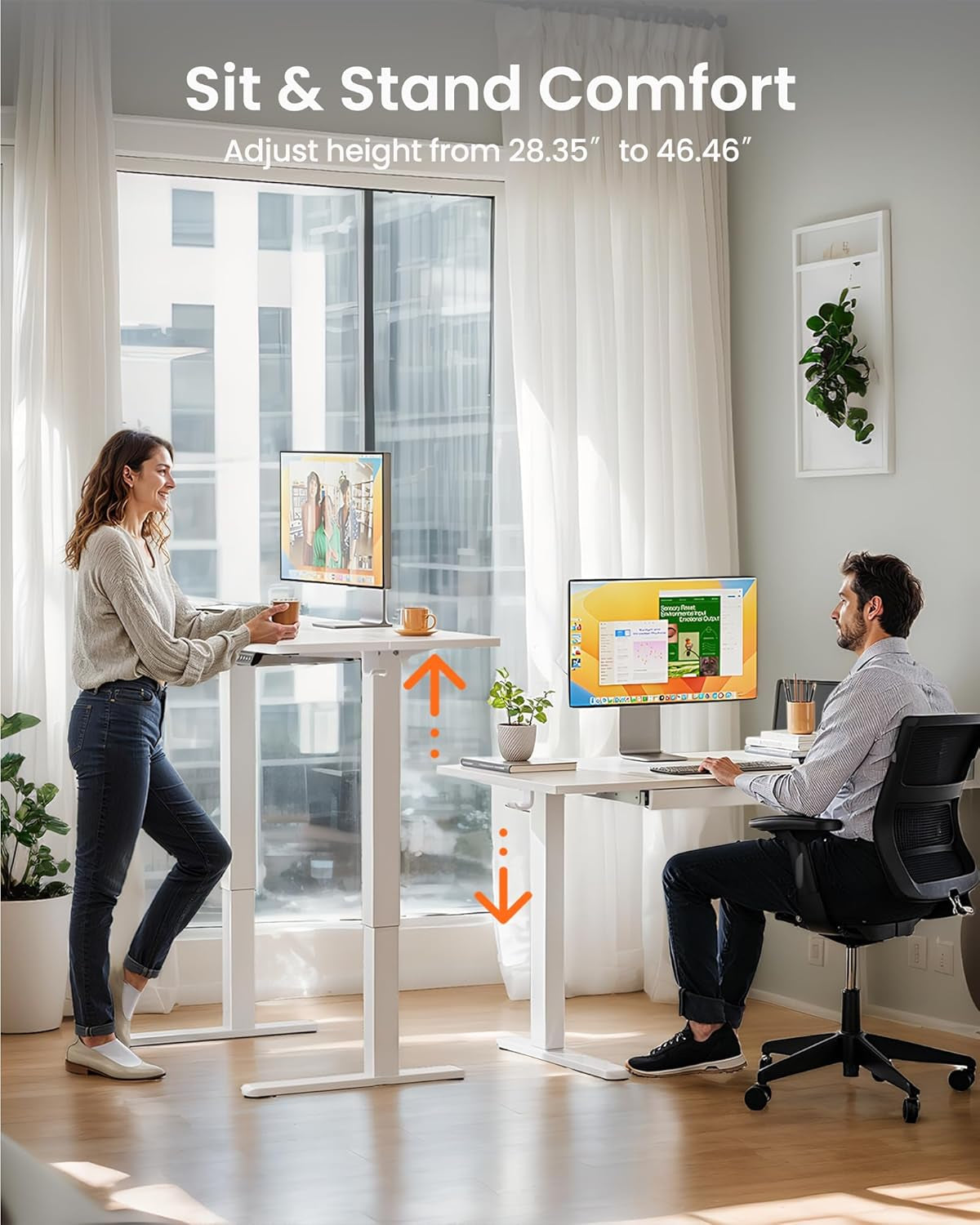 44 Inch Electric Standing Desk with Drawers, Adjustable Height with Storgear, 4 Memory Height Settings, Sit Stand up Desk for Home Office & Computer Workstation, White