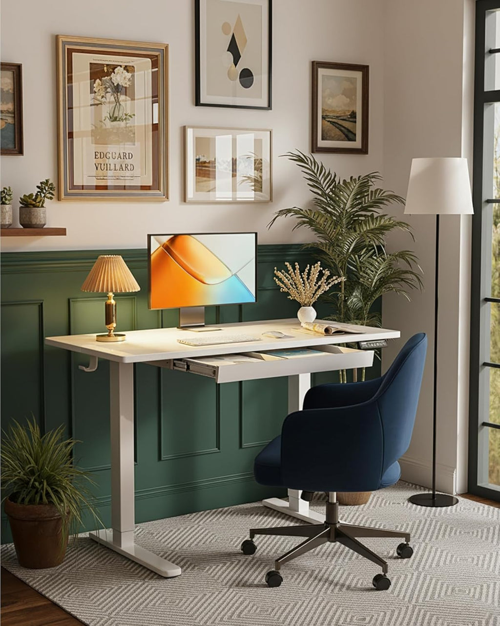 44 Inch Electric Standing Desk with Drawers, Adjustable Height with Storgear, 4 Memory Height Settings, Sit Stand up Desk for Home Office & Computer Workstation, White