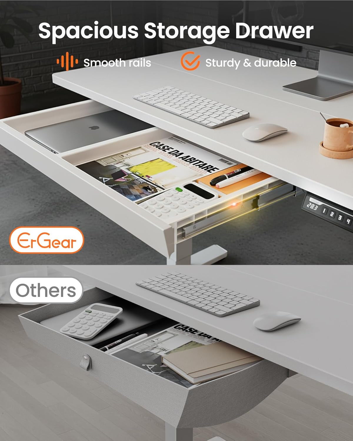 44 Inch Electric Standing Desk with Drawers, Adjustable Height with Storgear, 4 Memory Height Settings, Sit Stand up Desk for Home Office & Computer Workstation, White