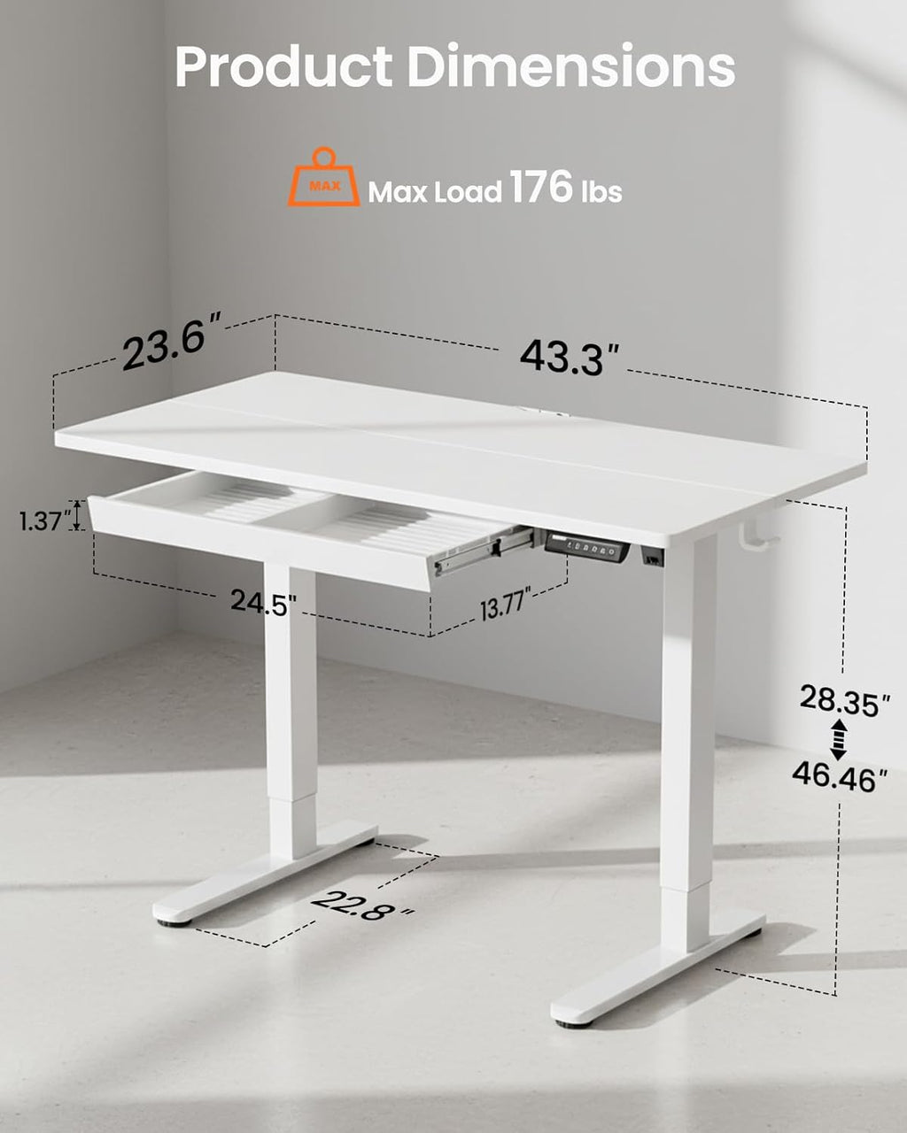 44 Inch Electric Standing Desk with Drawers, Adjustable Height with Storgear, 4 Memory Height Settings, Sit Stand up Desk for Home Office & Computer Workstation, White