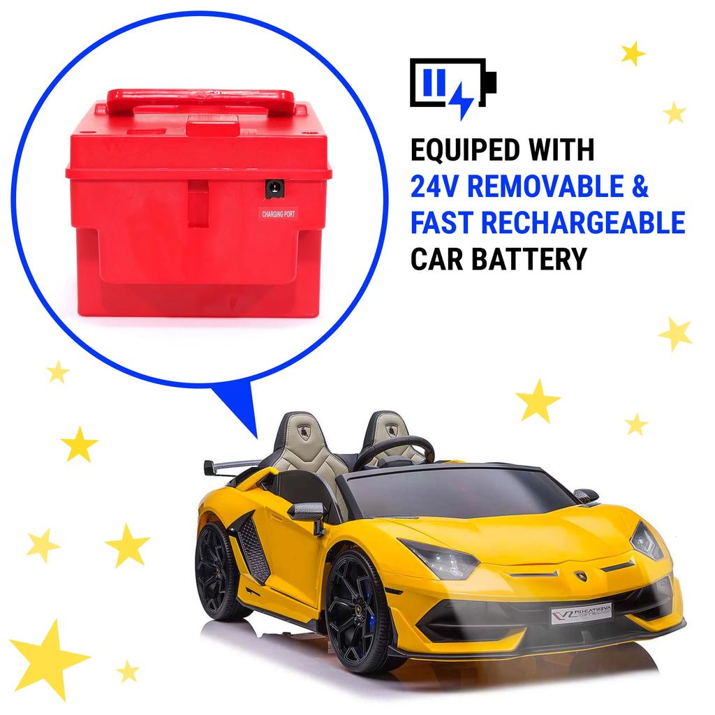 24V Lamborghini Aventador W/ Swappable Battery - Electric Car for Kids with 3 Speeds, Leather Seat, Remote, MP3 Music by Bluetooth, FM Radio, Rubber Tires (Yellow)