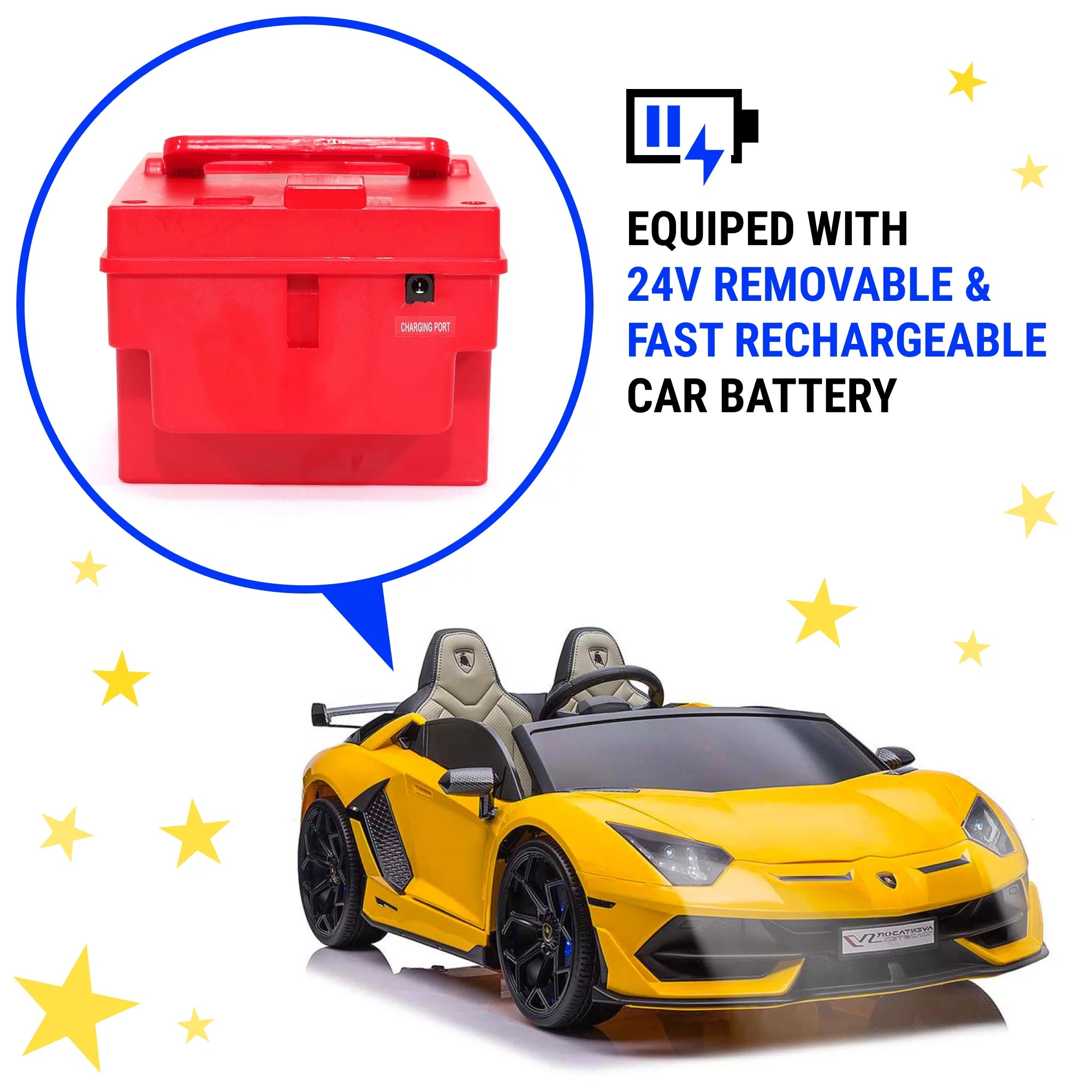 24V Lamborghini Aventador W/ Swappable Battery - Electric Car for Kids with 3 Speeds, Leather Seat, Remote, MP3 Music by Bluetooth, FM Radio, Rubber Tires (Yellow)